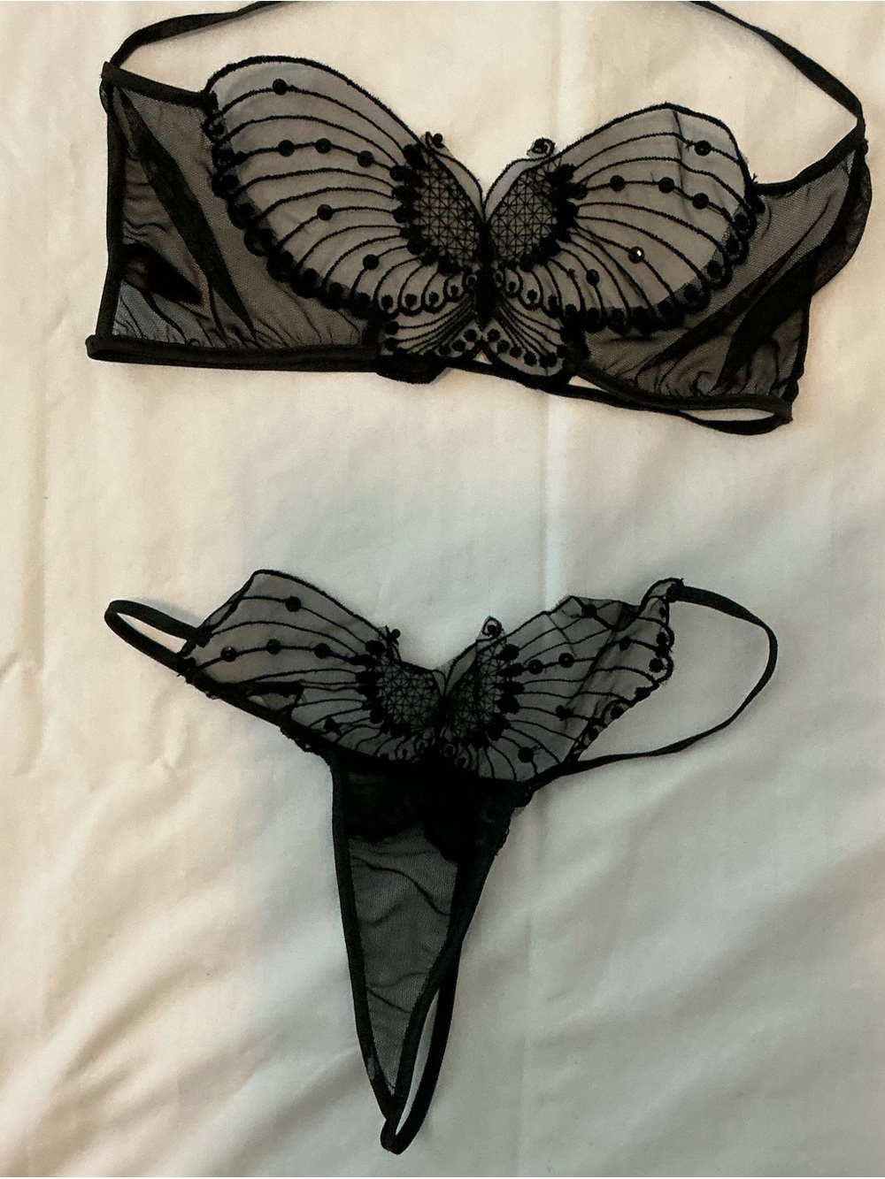 Sheer Black Butterfly Embroidered Mesh Bralette & Thong Set